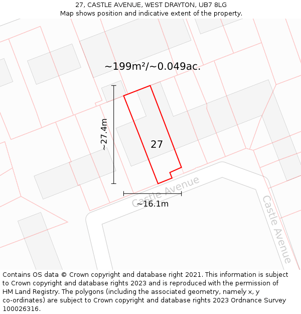 27, CASTLE AVENUE, WEST DRAYTON, UB7 8LG: Plot and title map