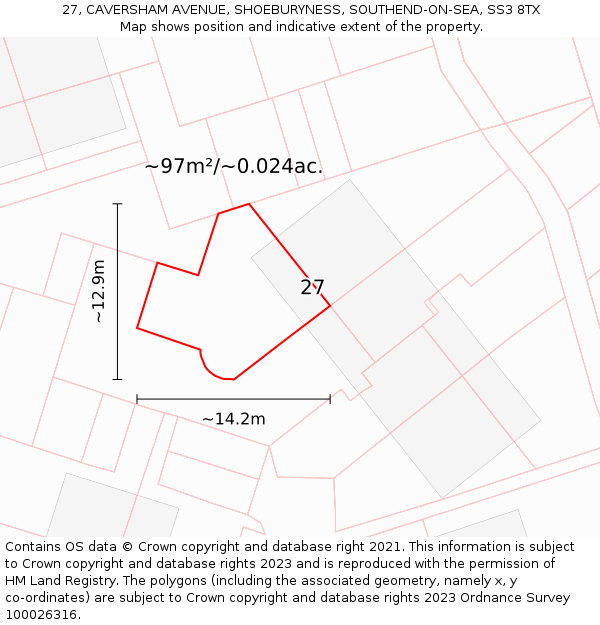 27, CAVERSHAM AVENUE, SHOEBURYNESS, SOUTHEND-ON-SEA, SS3 8TX: Plot and title map
