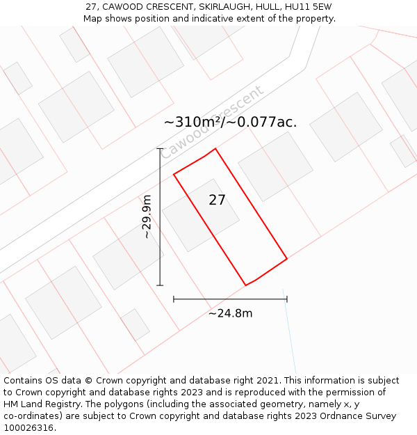 27, CAWOOD CRESCENT, SKIRLAUGH, HULL, HU11 5EW: Plot and title map