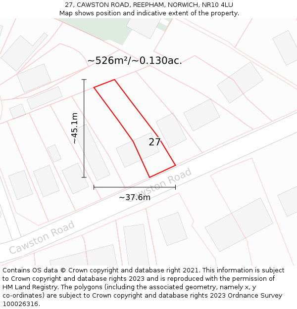 27, CAWSTON ROAD, REEPHAM, NORWICH, NR10 4LU: Plot and title map