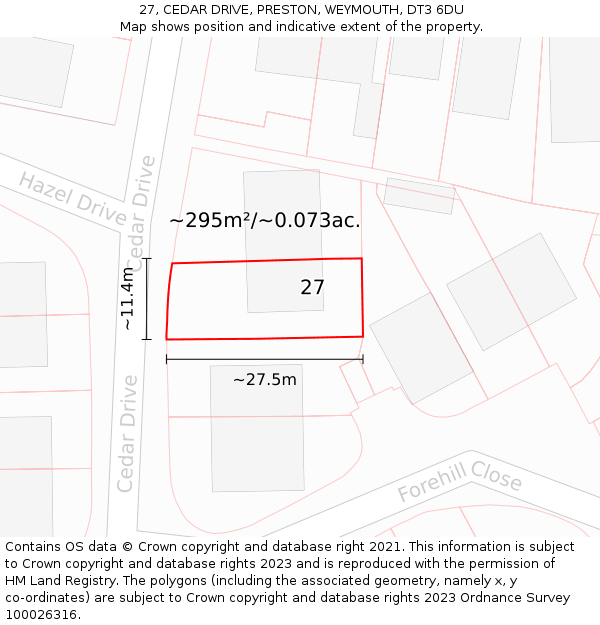 27, CEDAR DRIVE, PRESTON, WEYMOUTH, DT3 6DU: Plot and title map
