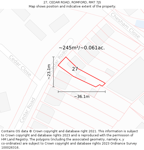 27, CEDAR ROAD, ROMFORD, RM7 7JS: Plot and title map