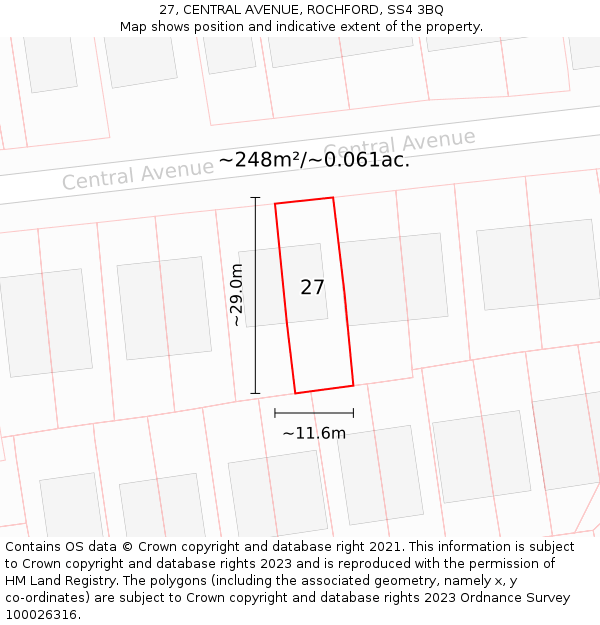 27, CENTRAL AVENUE, ROCHFORD, SS4 3BQ: Plot and title map