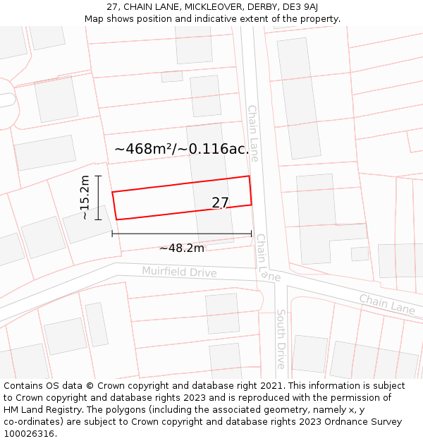 27, CHAIN LANE, MICKLEOVER, DERBY, DE3 9AJ: Plot and title map