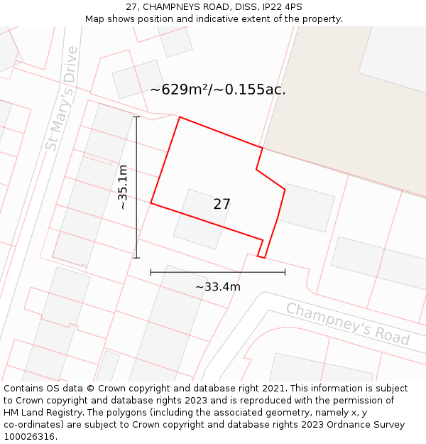 27, CHAMPNEYS ROAD, DISS, IP22 4PS: Plot and title map