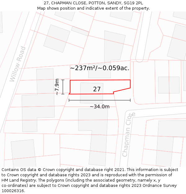 27, CHAPMAN CLOSE, POTTON, SANDY, SG19 2PL: Plot and title map