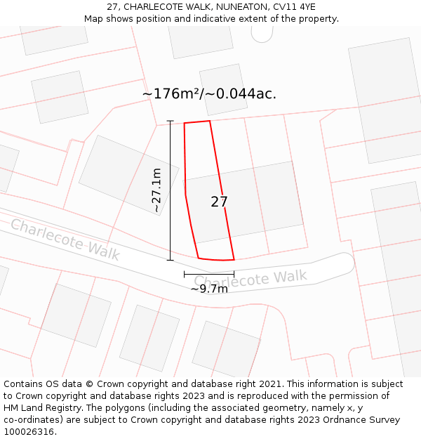 27, CHARLECOTE WALK, NUNEATON, CV11 4YE: Plot and title map