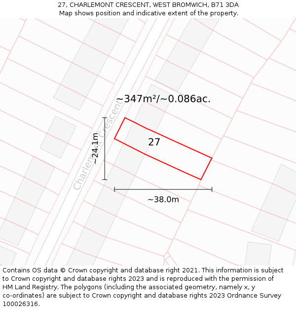 27, CHARLEMONT CRESCENT, WEST BROMWICH, B71 3DA: Plot and title map