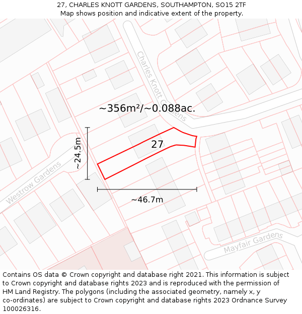27, CHARLES KNOTT GARDENS, SOUTHAMPTON, SO15 2TF: Plot and title map