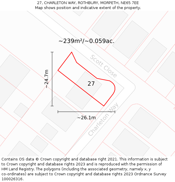 27, CHARLETON WAY, ROTHBURY, MORPETH, NE65 7EE: Plot and title map