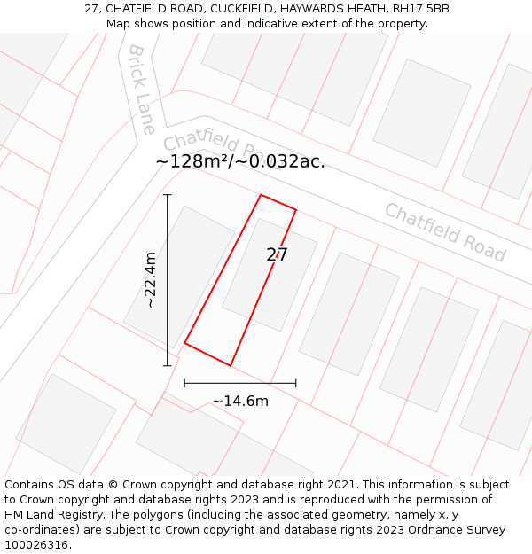 27, CHATFIELD ROAD, CUCKFIELD, HAYWARDS HEATH, RH17 5BB: Plot and title map