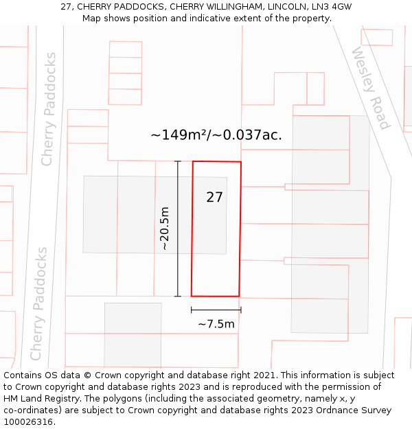 27, CHERRY PADDOCKS, CHERRY WILLINGHAM, LINCOLN, LN3 4GW: Plot and title map