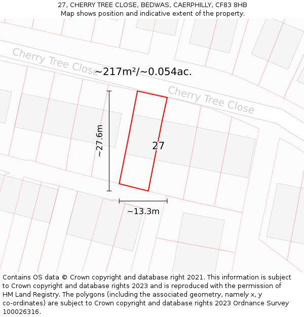 27, CHERRY TREE CLOSE, BEDWAS, CAERPHILLY, CF83 8HB: Plot and title map