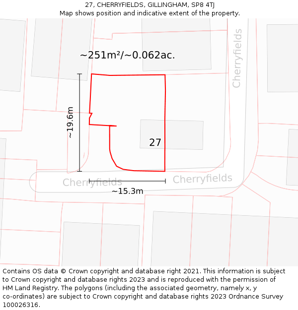 27, CHERRYFIELDS, GILLINGHAM, SP8 4TJ: Plot and title map