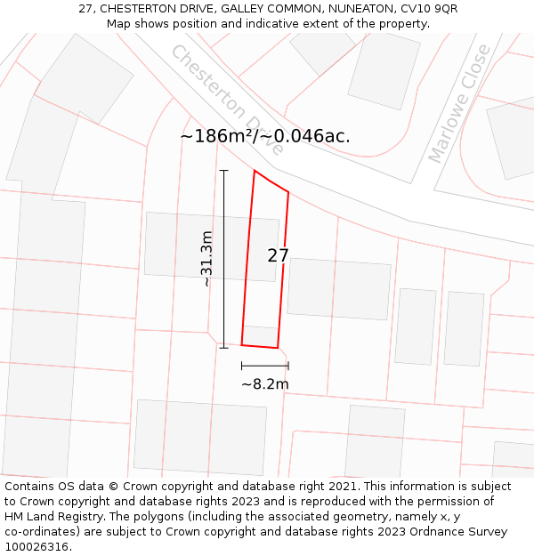 27, CHESTERTON DRIVE, GALLEY COMMON, NUNEATON, CV10 9QR: Plot and title map
