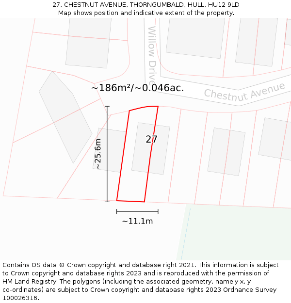 27, CHESTNUT AVENUE, THORNGUMBALD, HULL, HU12 9LD: Plot and title map