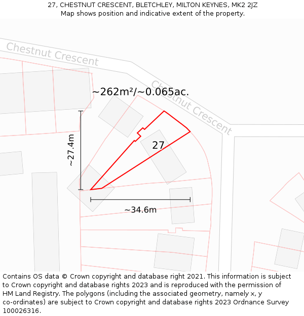 27, CHESTNUT CRESCENT, BLETCHLEY, MILTON KEYNES, MK2 2JZ: Plot and title map