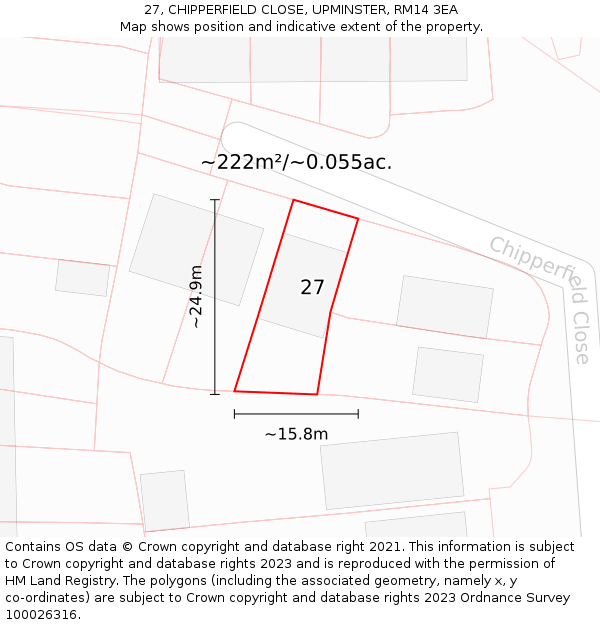 27, CHIPPERFIELD CLOSE, UPMINSTER, RM14 3EA: Plot and title map