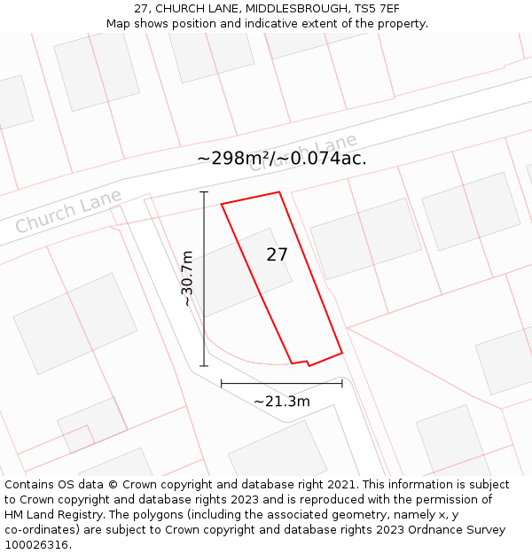 27, CHURCH LANE, MIDDLESBROUGH, TS5 7EF: Plot and title map