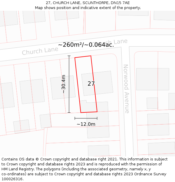 27, CHURCH LANE, SCUNTHORPE, DN15 7AE: Plot and title map