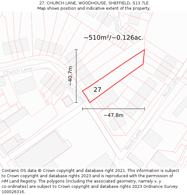 27, CHURCH LANE, WOODHOUSE, SHEFFIELD, S13 7LE: Plot and title map