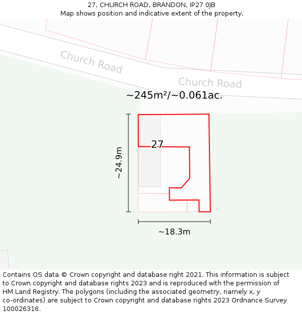 27, CHURCH ROAD, BRANDON, IP27 0JB: Plot and title map