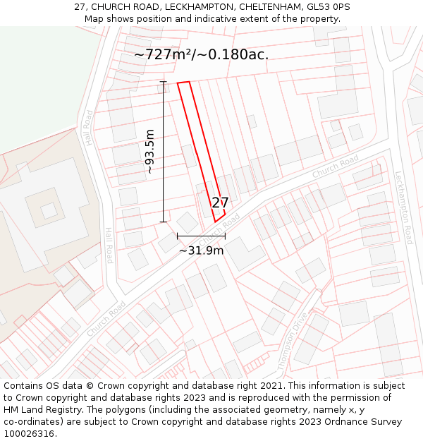 27, CHURCH ROAD, LECKHAMPTON, CHELTENHAM, GL53 0PS: Plot and title map