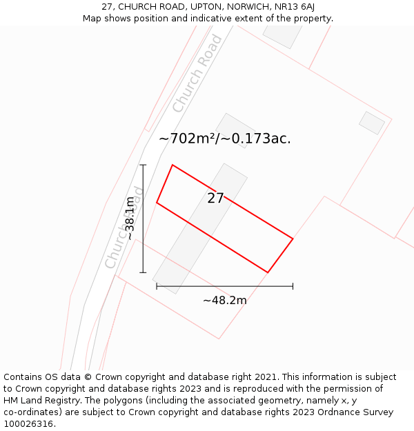 27, CHURCH ROAD, UPTON, NORWICH, NR13 6AJ: Plot and title map