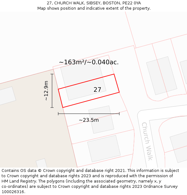 27, CHURCH WALK, SIBSEY, BOSTON, PE22 0YA: Plot and title map