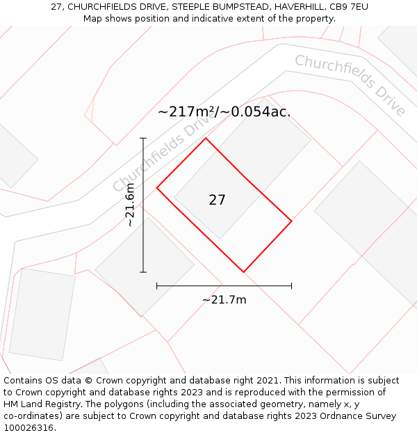 27, CHURCHFIELDS DRIVE, STEEPLE BUMPSTEAD, HAVERHILL, CB9 7EU: Plot and title map