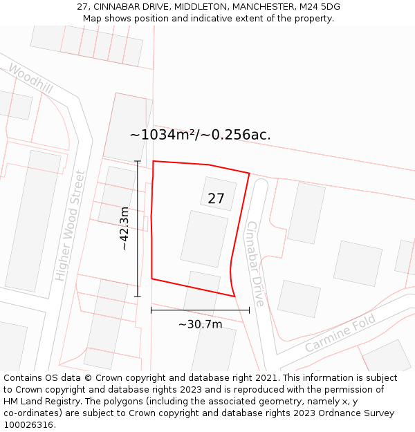 27, CINNABAR DRIVE, MIDDLETON, MANCHESTER, M24 5DG: Plot and title map