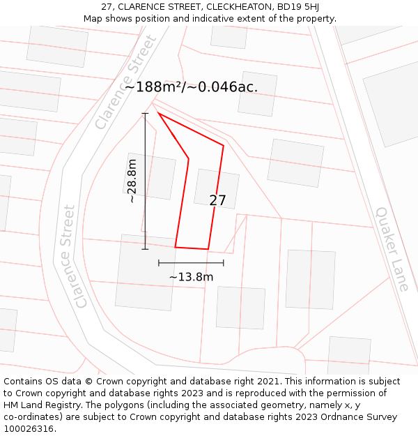 27, CLARENCE STREET, CLECKHEATON, BD19 5HJ: Plot and title map