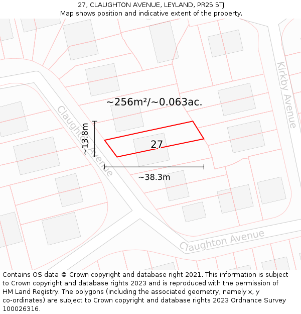 27, CLAUGHTON AVENUE, LEYLAND, PR25 5TJ: Plot and title map