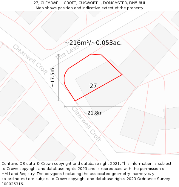 27, CLEARWELL CROFT, CUSWORTH, DONCASTER, DN5 8UL: Plot and title map