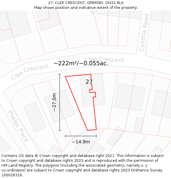 27, CLEE CRESCENT, GRIMSBY, DN32 8LX: Plot and title map