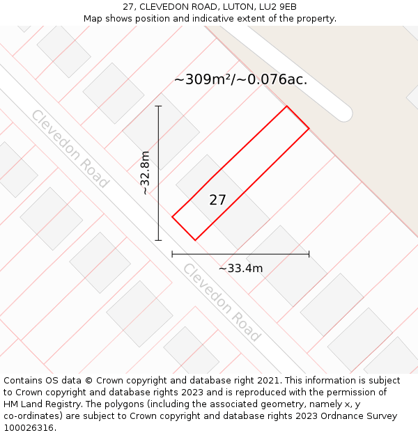 27, CLEVEDON ROAD, LUTON, LU2 9EB: Plot and title map