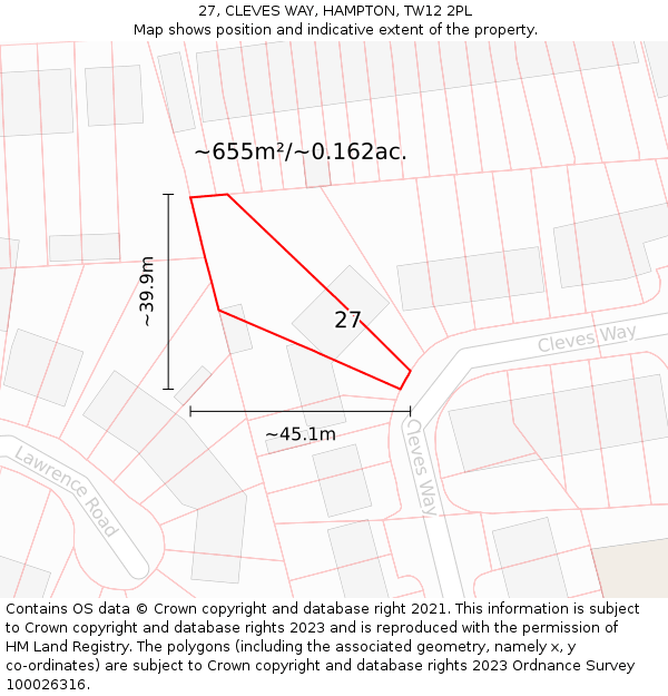 27, CLEVES WAY, HAMPTON, TW12 2PL: Plot and title map