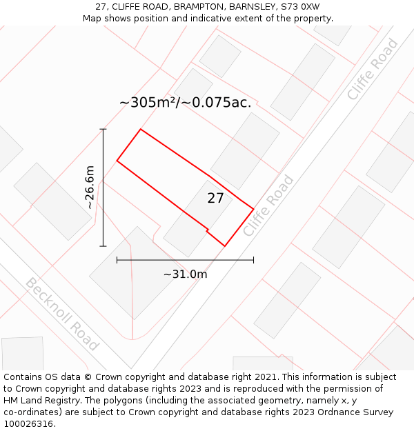 27, CLIFFE ROAD, BRAMPTON, BARNSLEY, S73 0XW: Plot and title map