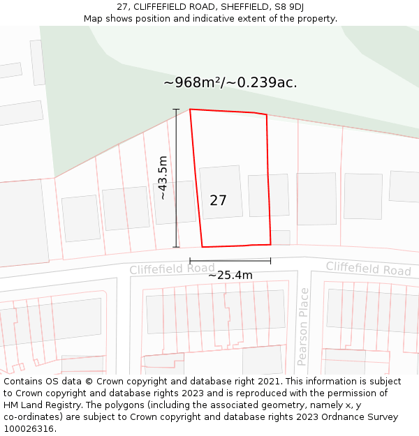 27, CLIFFEFIELD ROAD, SHEFFIELD, S8 9DJ: Plot and title map