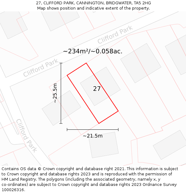 27, CLIFFORD PARK, CANNINGTON, BRIDGWATER, TA5 2HG: Plot and title map