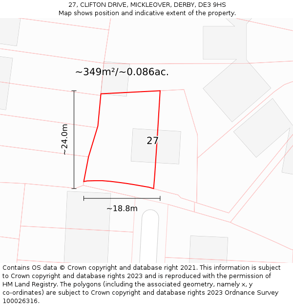 27, CLIFTON DRIVE, MICKLEOVER, DERBY, DE3 9HS: Plot and title map