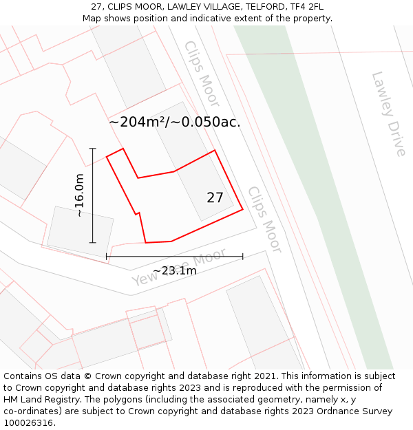 27, CLIPS MOOR, LAWLEY VILLAGE, TELFORD, TF4 2FL: Plot and title map