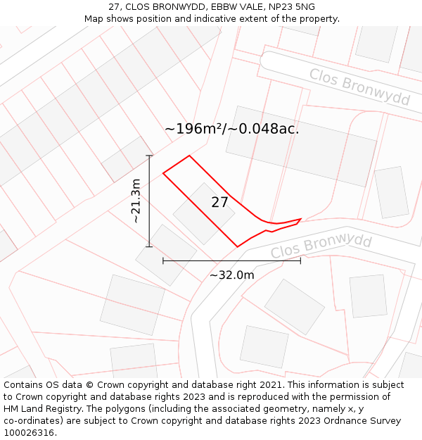 27, CLOS BRONWYDD, EBBW VALE, NP23 5NG: Plot and title map