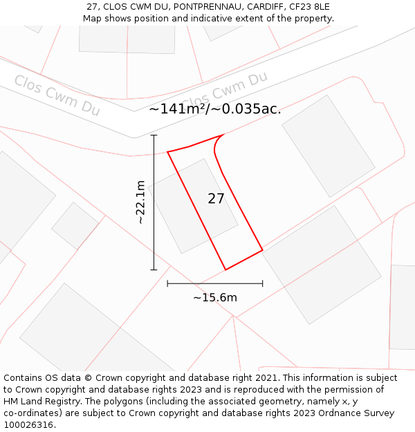 27, CLOS CWM DU, PONTPRENNAU, CARDIFF, CF23 8LE: Plot and title map