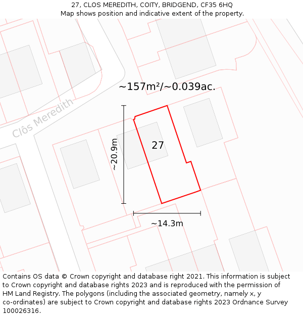 27, CLOS MEREDITH, COITY, BRIDGEND, CF35 6HQ: Plot and title map