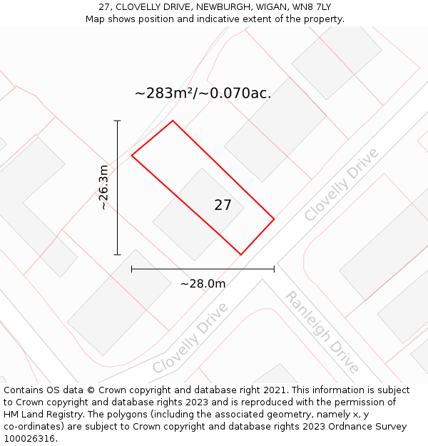 27, CLOVELLY DRIVE, NEWBURGH, WIGAN, WN8 7LY: Plot and title map