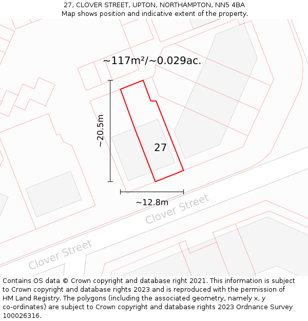 27, CLOVER STREET, UPTON, NORTHAMPTON, NN5 4BA: Plot and title map