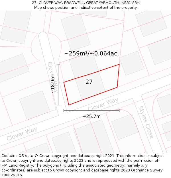 27, CLOVER WAY, BRADWELL, GREAT YARMOUTH, NR31 8RH: Plot and title map