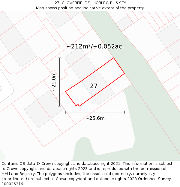 27, CLOVERFIELDS, HORLEY, RH6 9EY: Plot and title map