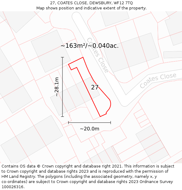27, COATES CLOSE, DEWSBURY, WF12 7TQ: Plot and title map